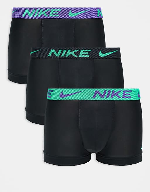 Nike Essential Microfibre 3 pack trunk in black with coloured waistband in khaki / purple/ green