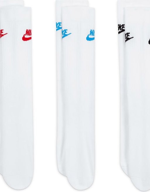 Nike Everyday Essential 3 Pack Socks In White With Coloured Logo