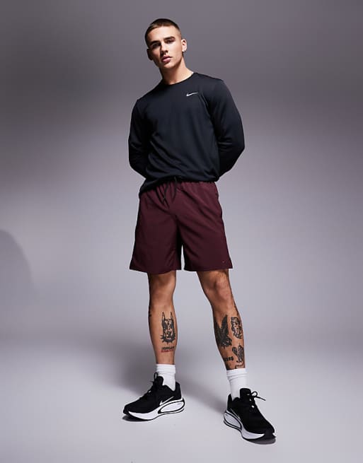 Nike Training Dri-Fit Unlimited woven 7 inch shorts in burgundy