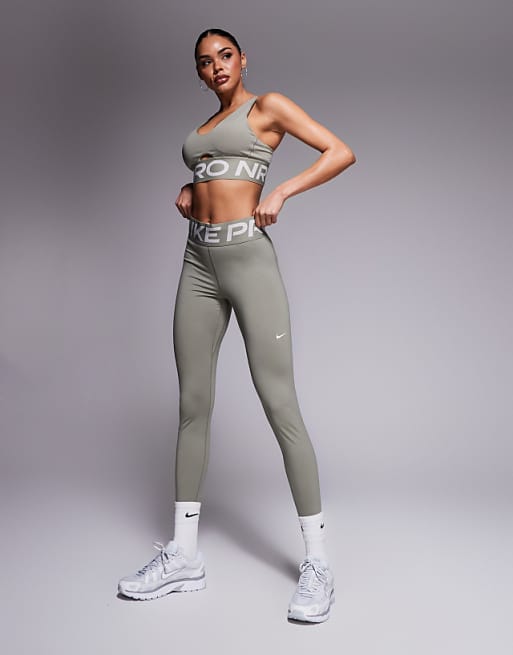Nike Training Pro 365 3 Inch Legging Shorts And Sports Bra In Kahki