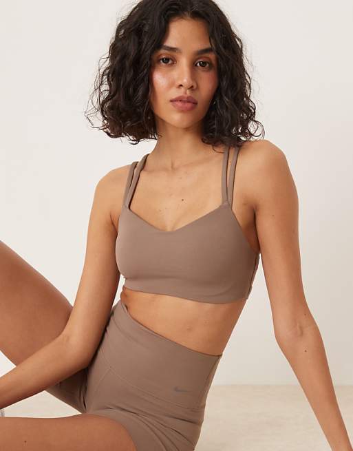 Nike Training Zenvy Dri-FIT soft touch Alate light support sports bra in brown