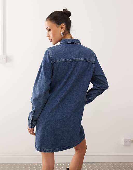 Noisy May Long Sleeve Denim Dress In Mid Blue