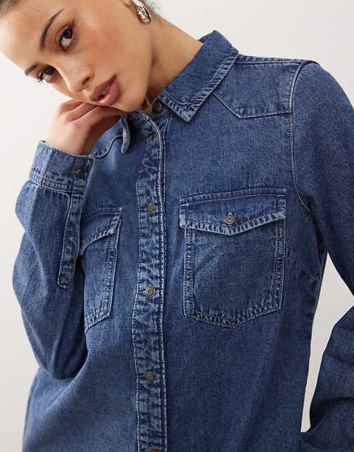 Noisy May Long Sleeve Denim Dress In Mid Blue