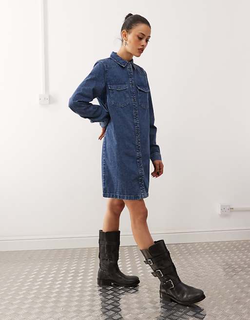 Noisy May Long Sleeve Denim Dress In Mid Blue