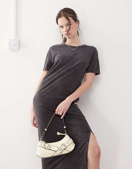 Noisy May Midaxi Split T-shirt Dress In Washed Grey