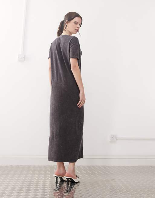 Noisy May Midaxi Split T-shirt Dress In Washed Grey