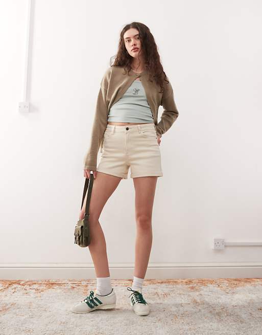 Noisy May Moni high waisted denim shorts in cream