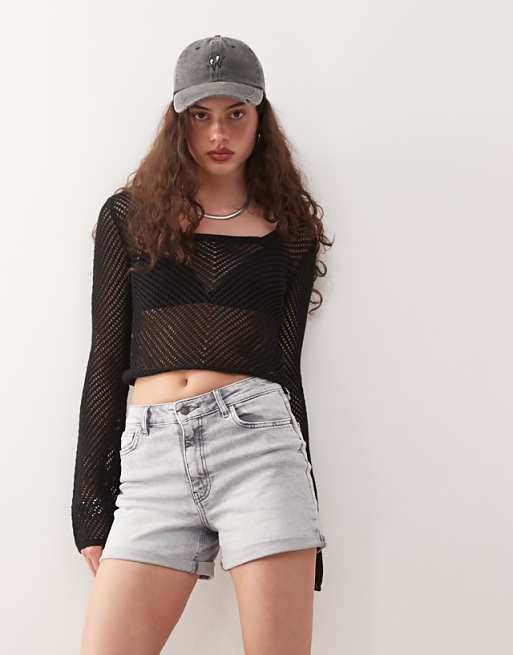 Noisy May Moni High Waisted Denim Shorts In Light Grey