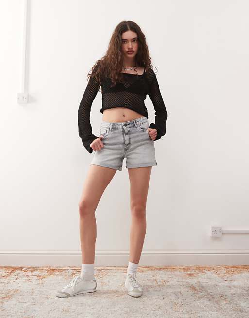 Noisy May Moni high waisted denim shorts in light grey