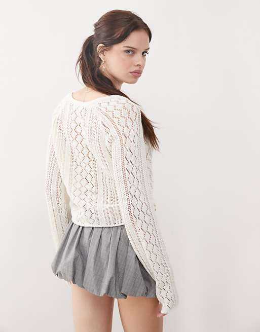 Noisy May Open Knit Ruched Side Top In Off White