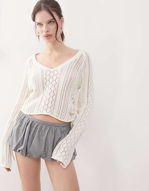 Noisy May open knit ruched side top in off white