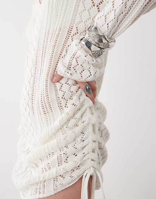 Noisy May Open Knit Ruched Tie Side Dress In Off White