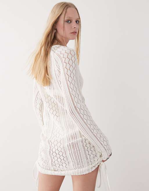 Noisy May Open Knit Ruched Tie Side Dress In Off White