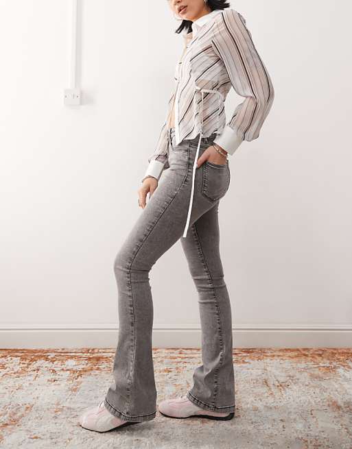 Noisy May Sallie High Waisted Flare Jeans In Light Grey