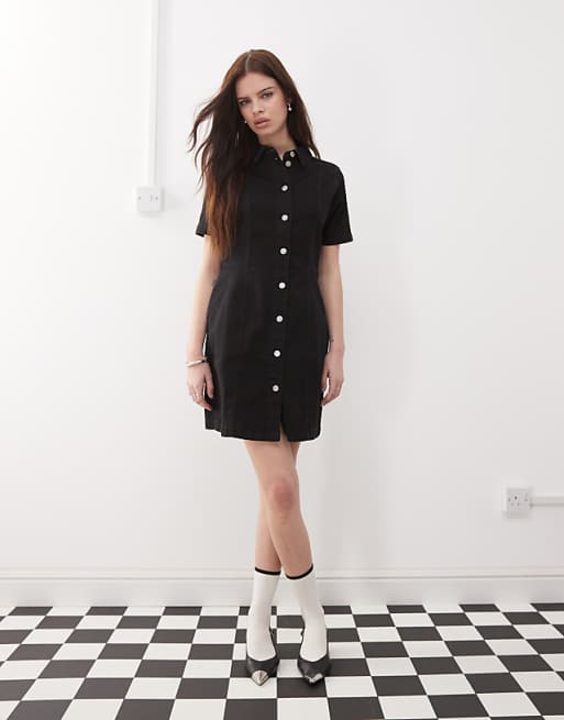 Noisy May Short Sleeve Denim Mini Dress In Black