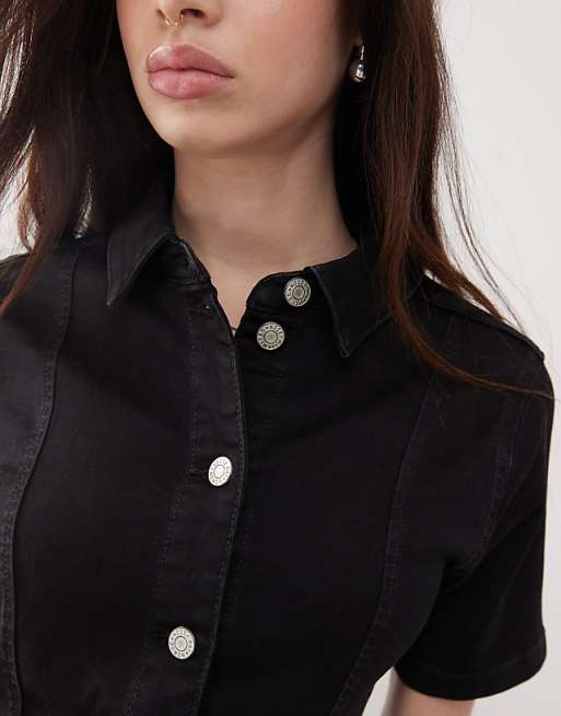Noisy May Short Sleeve Denim Mini Dress In Black