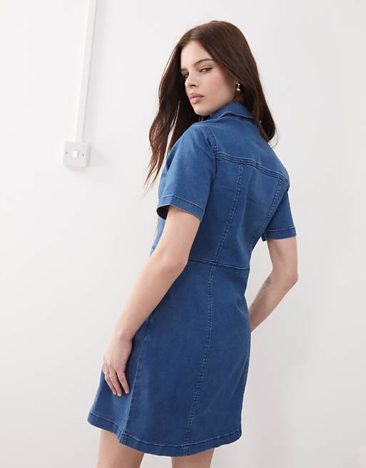 Noisy May Short Sleeve Denim Mini Dress In Mid Wash Blue