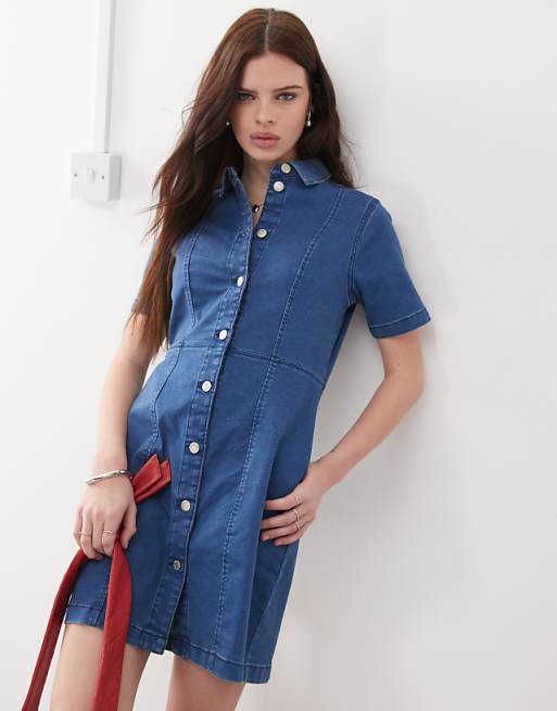 Noisy May Short Sleeve Denim Mini Dress In Mid Wash Blue