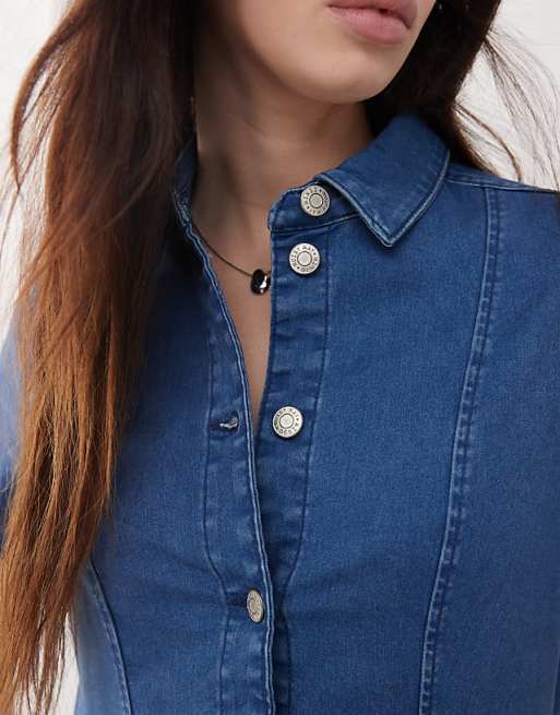 Noisy May Short Sleeve Denim Mini Dress In Mid Wash Blue