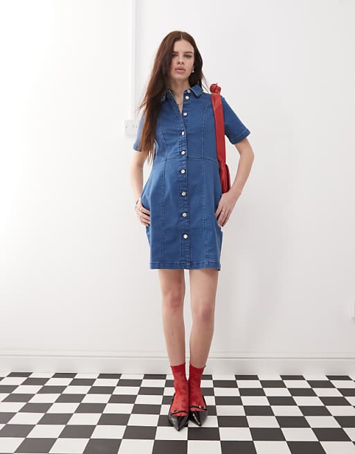 Noisy May short sleeve denim mini dress in mid wash blue