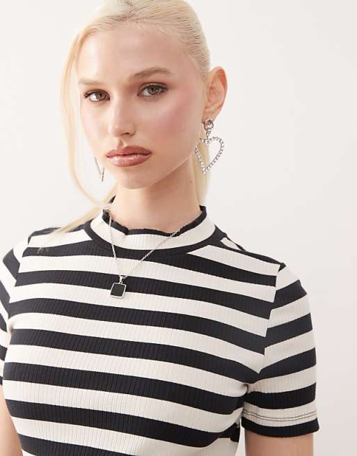 Noisy May Short Sleeve Skater Dress In Black & White Stripe