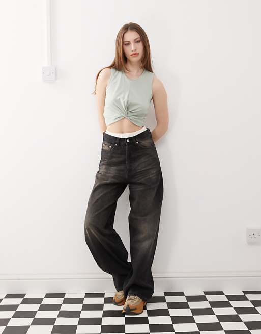 Noisy May Twist Front Crop Top In Pale Sage