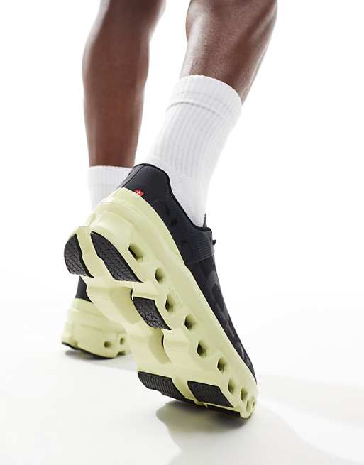 ON Cloudmonster Running Trainers In Black And Lime Green