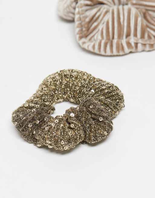 ONLY 2-pack Scrunchies In Cream & Gold Sequins