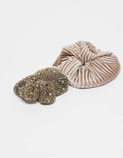 ONLY 2-pack scrunchies in cream & gold sequins