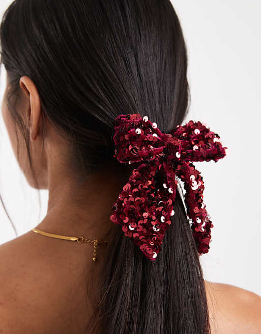 ONLY sequin bow hair tie in burgundy