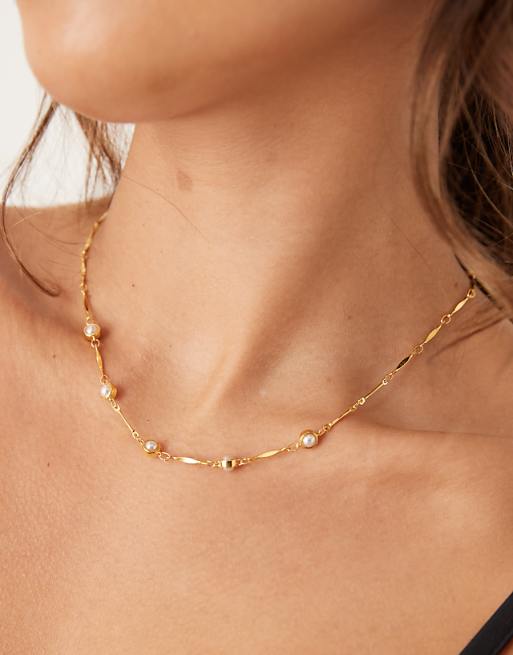 Orelia bar link and stationed pearl necklace in 18k gold plated