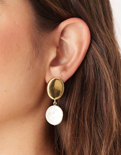 Orelia coin stud and pearl drop earring in 18k gold plated