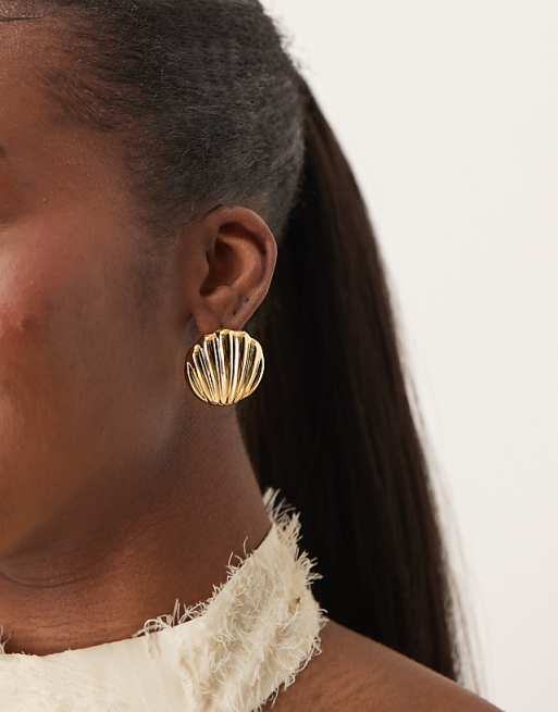 Orelia gold plated oversized statement shell stud earrings in pale gold