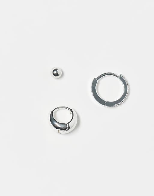 Orelia pack of 3 stud teardrop and pave hoop earrings in sterling silver plated