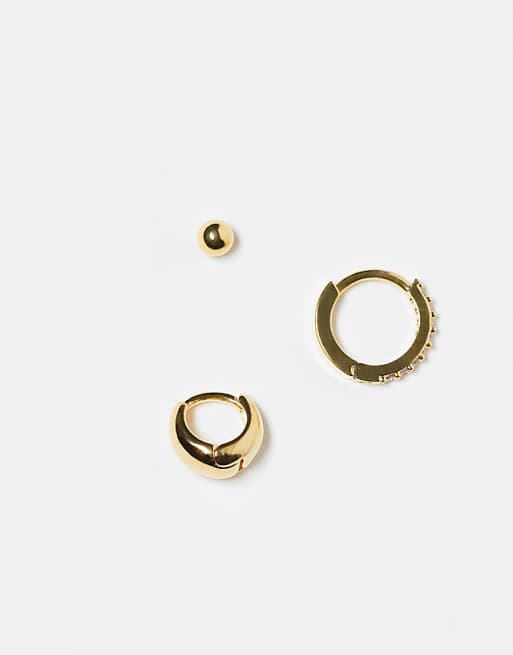 Orelia pack of 3 stud teardrop and pave hoop earrings in 18k gold plated