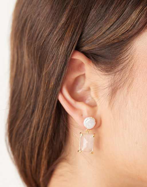 Orelia Pearl And Rose Quartz Drop Earrings In 18k Gold Plated