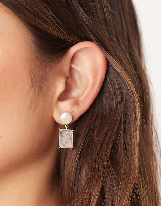 Orelia pearl and rose quartz drop earrings in 18k gold plated