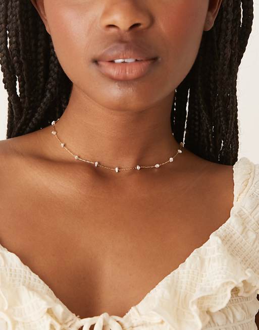 Orelia pearl stationed chain necklace in 18k gold plated