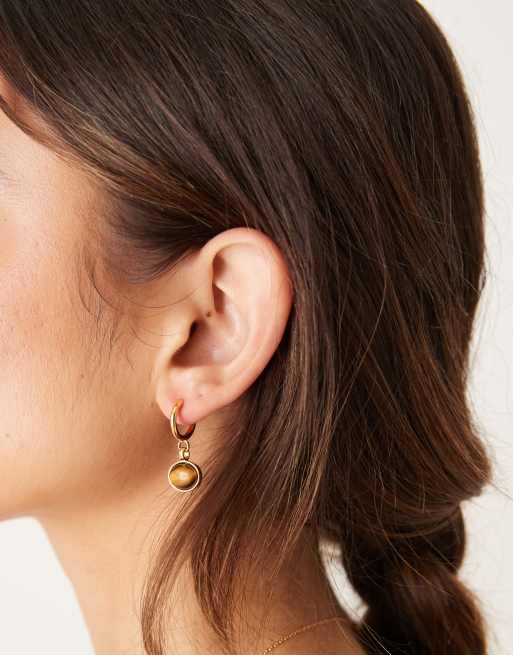 Orelia Semi Precious Tigers Eye Stone Drop Hoop Earrings In 18k Gold Plated