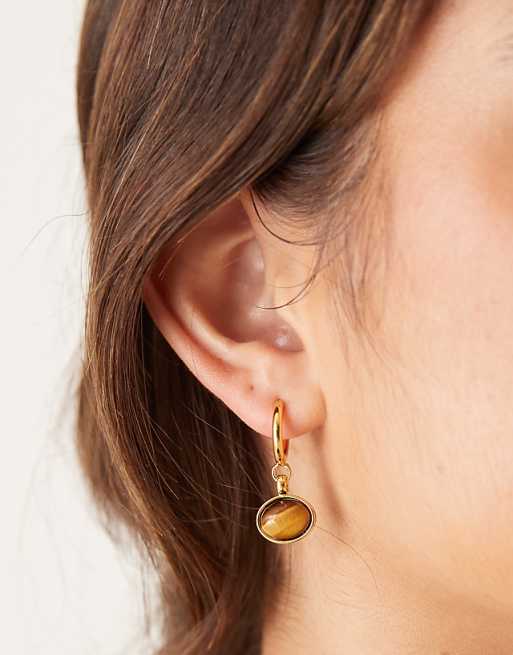 Orelia semi precious tigers eye stone drop hoop earrings in 18k gold plated