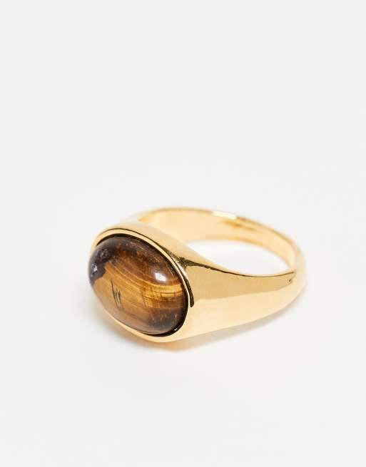 Orelia Semi Precious Tigers Eye Stone Statement Ring In 18k Gold Plated