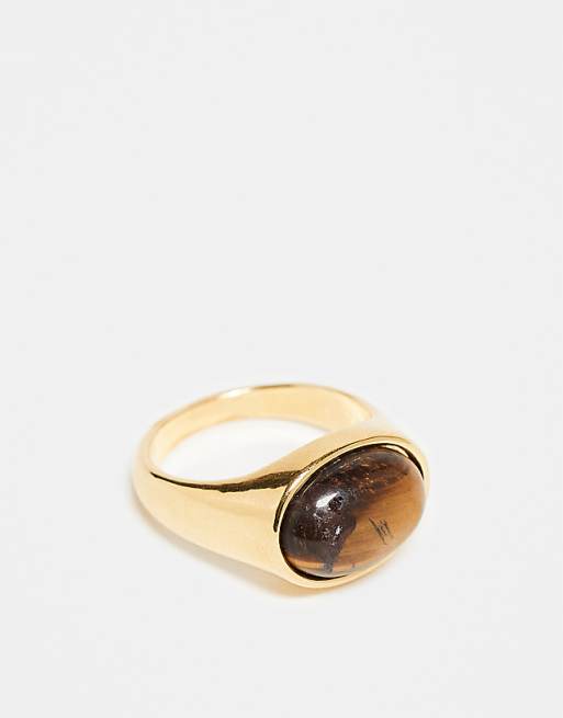 Orelia semi precious tigers eye stone statement ring in 18k gold plated