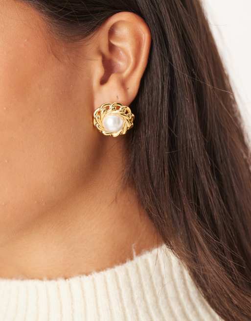 Orelia Vintage Style Statement Pearl And Chain Stud Earrings In 18k Gold Plated