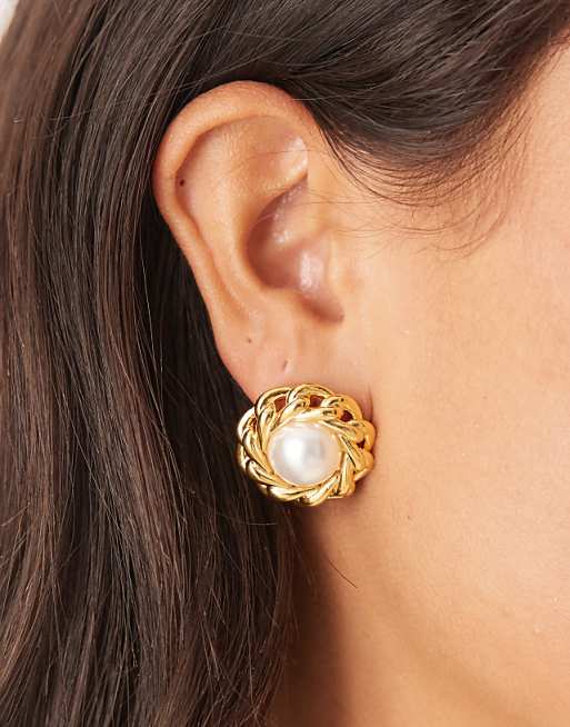 Orelia vintage style statement pearl and chain stud earrings in 18k gold plated