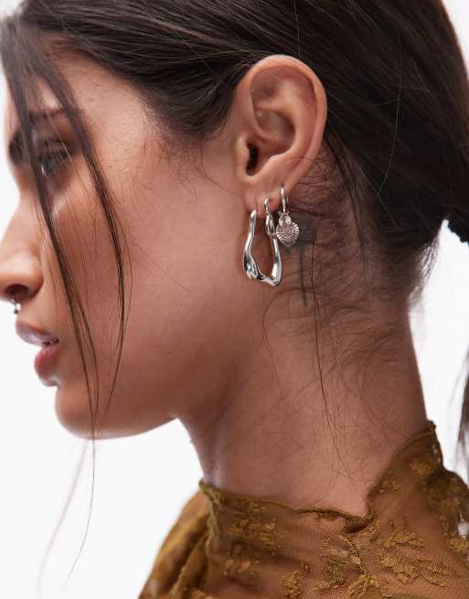 & Other Stories Rectangle Textured Asymmetric Long Drapey Hoop Earrings In Silver
