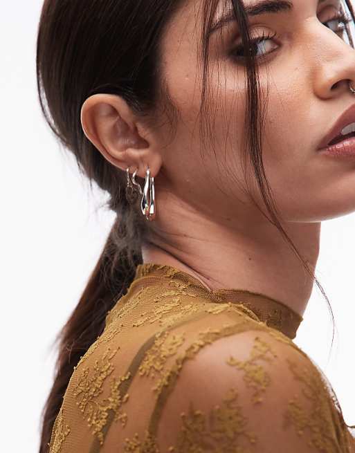 & Other Stories rectangle textured asymmetric long drapey hoop earrings in silver