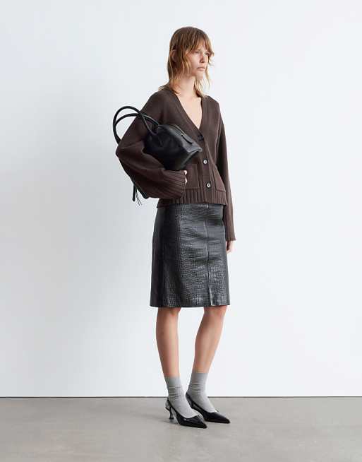 & Other Stories Wool Blend Cardigan With Cinched Waist And Volume Sleeves In Brown