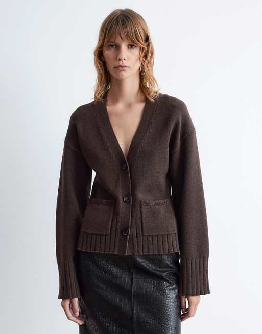 & Other Stories wool blend cardigan with cinched waist and volume sleeves in brown