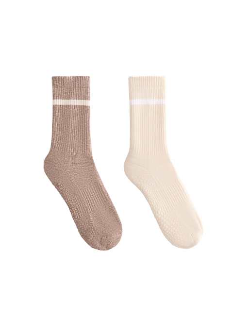 OYSHO 2 pairs of classic cotton blend yoga and pilates socks in tan melange