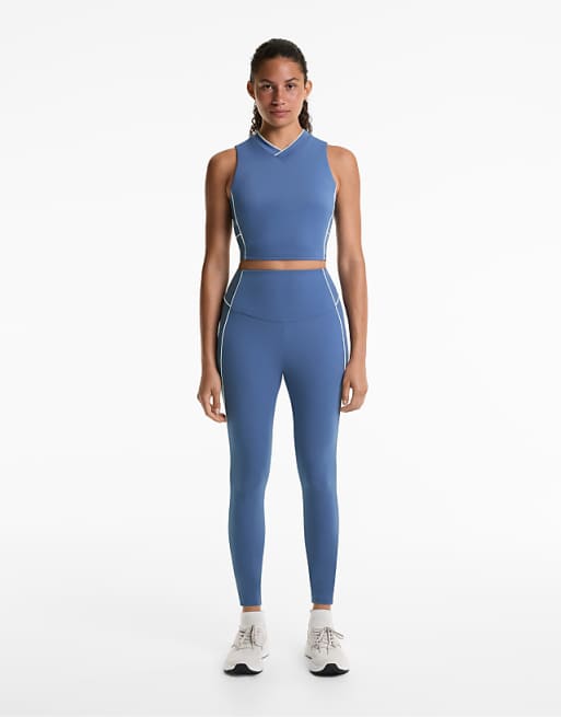 OYSHO Comfortlux high rise piping 65cm ankle-length leggings in mid-blue